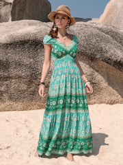 Smocked Printed V-Neck Dress