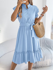 Tie Waist Ruffled Cap Sleeve Dress