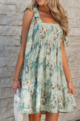Smocked Printed Tie Shoulder Mini Cami Dress