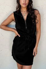 French Terry Zipped Collar Sleeveless Drawstring Waist Mini Dress
