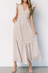 Slit Striped V-Neck Ruffled Cap Sleeve Dress