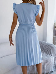 Lace Detail Ruffled Cap Sleeve Pleated Dress