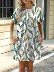 Printed Round Neck Short Sleeve Mini Dress