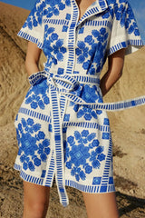 Printed Tie Waist Short Sleeve Dress