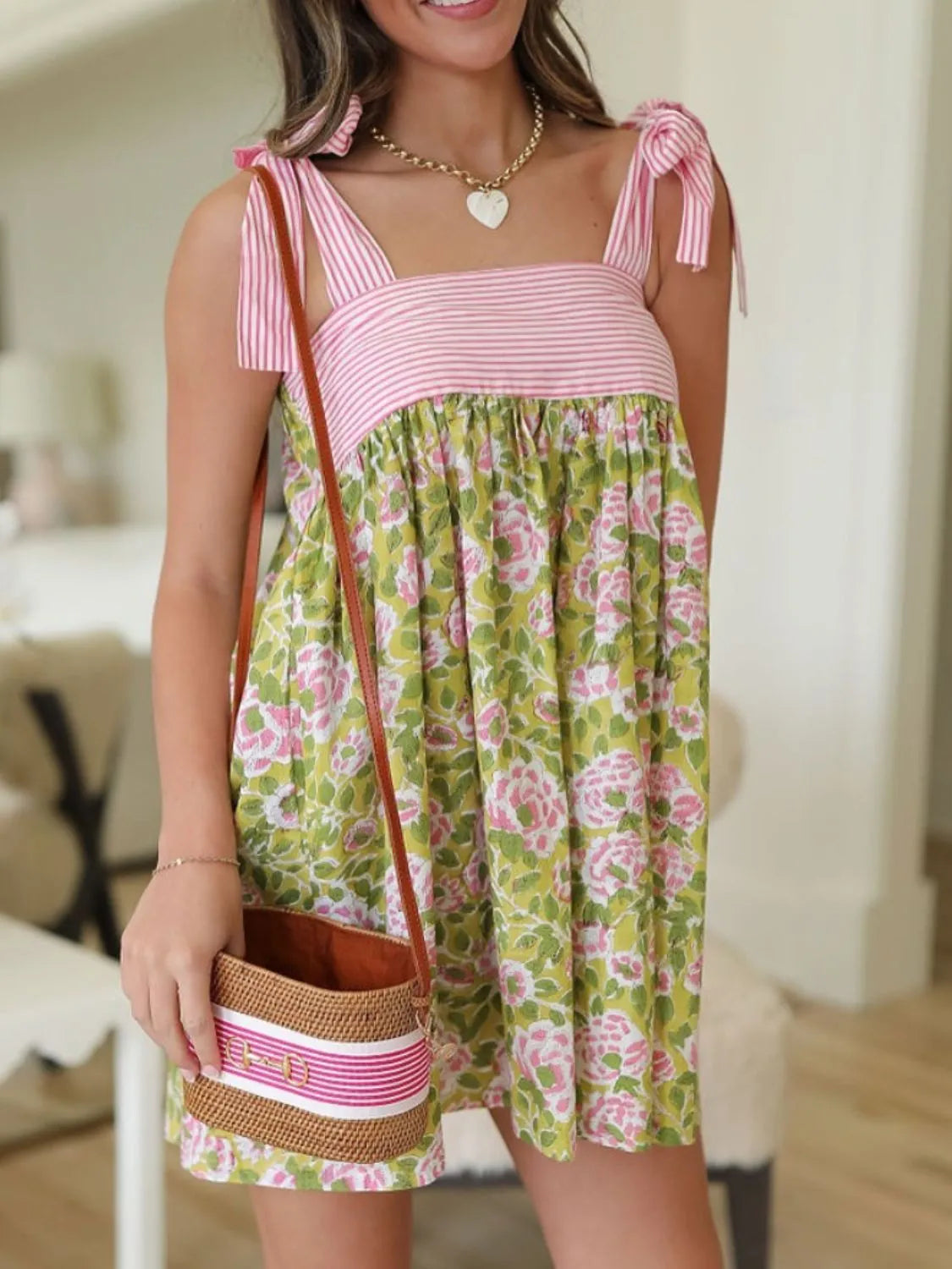 Printed Square Neck Tie Shoulder Mini Dress