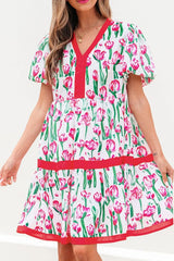 Floral Print Contrast Trim V Neck Bubble Short Sleeve Babydoll Dress