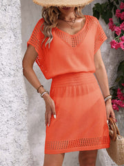 Openwork V-Neck Short Sleeve Cover-Up Dress