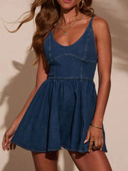 Smocked Back Adjustable Strap Denim Mini Dress
