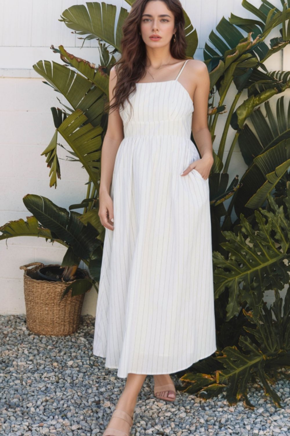Stripe Square Neck Cami Dress with Pockets