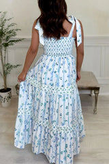 Floral Smocked Tied Straps A-Lined Tiered Dress