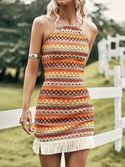 Full Size Fringe Grecian Neck Mini Dress Plus Size