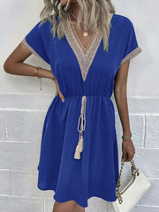 Full Size Tassel V-Neck Short Sleeve Dress Plus Size