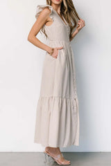 Slit Striped V-Neck Ruffled Cap Sleeve Dress