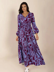 Printed Tie Neck Balloon Sleeve Maxi Dress