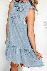 Tie Neck Sleeveless Denim Dress