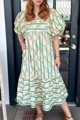 Striped Floral Print Tie Neck Puff Sleeve Midi Dress