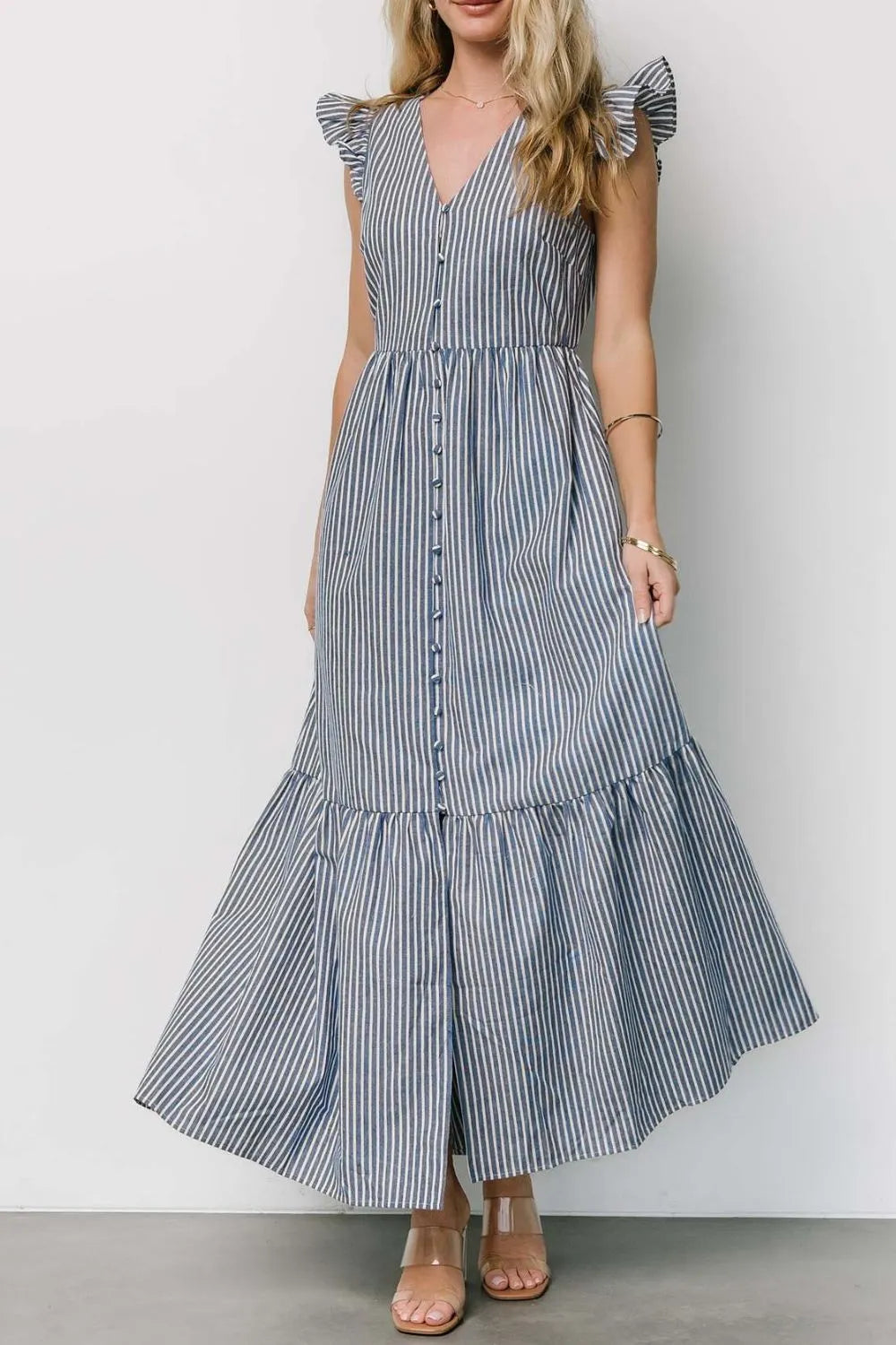 Slit Striped V-Neck Ruffled Cap Sleeve Dress