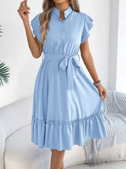 Tie Waist Ruffled Cap Sleeve Dress