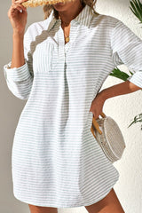 Striped Johnny Collar Long Sleeve Mini Shirt Dress