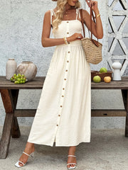 Smocked Button Front Tie Shoulder Dress
