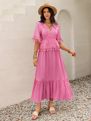 Lace Detail V-Neck Half Sleeve Midi Dress